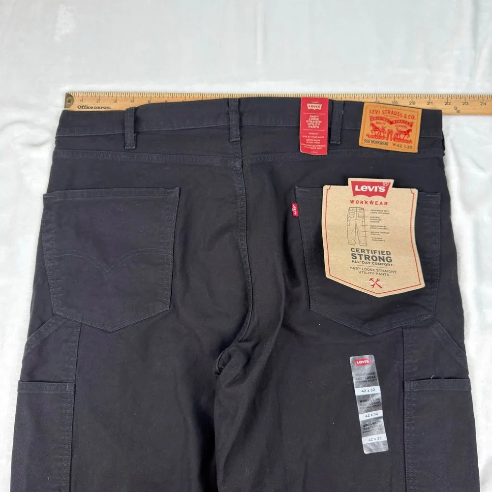 Levis 565 Workwear Loose Straight Utility Pants Black Canvas Mens 42x32 New